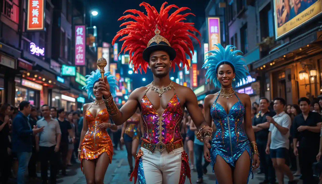 Joyful carnival performers in sequined costumes at night