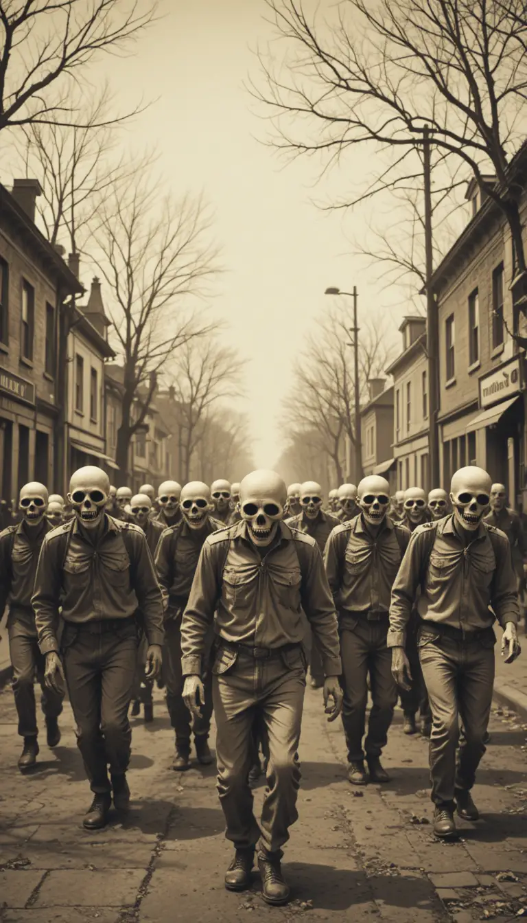 Sepia horde of zombies roaming an empty city street