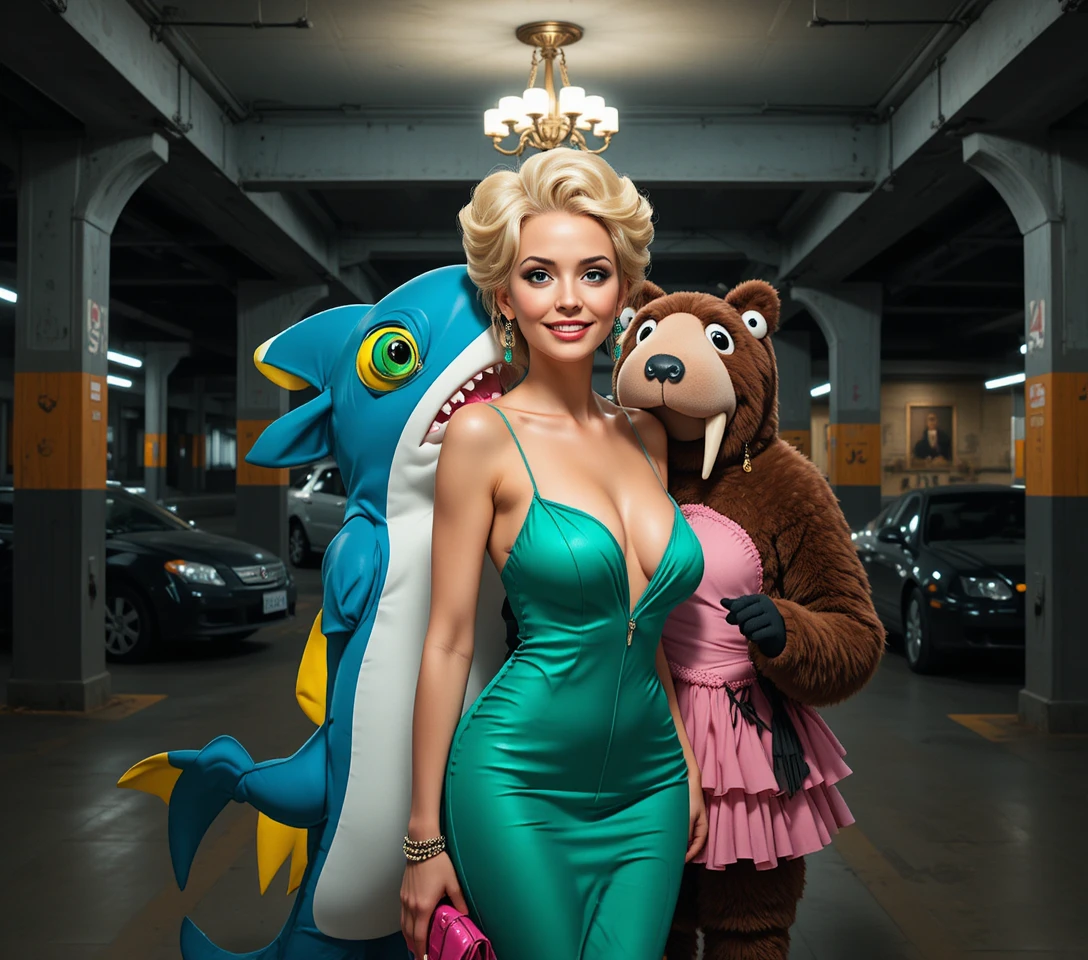 Colorful shark and walrus mascots in a parking garage