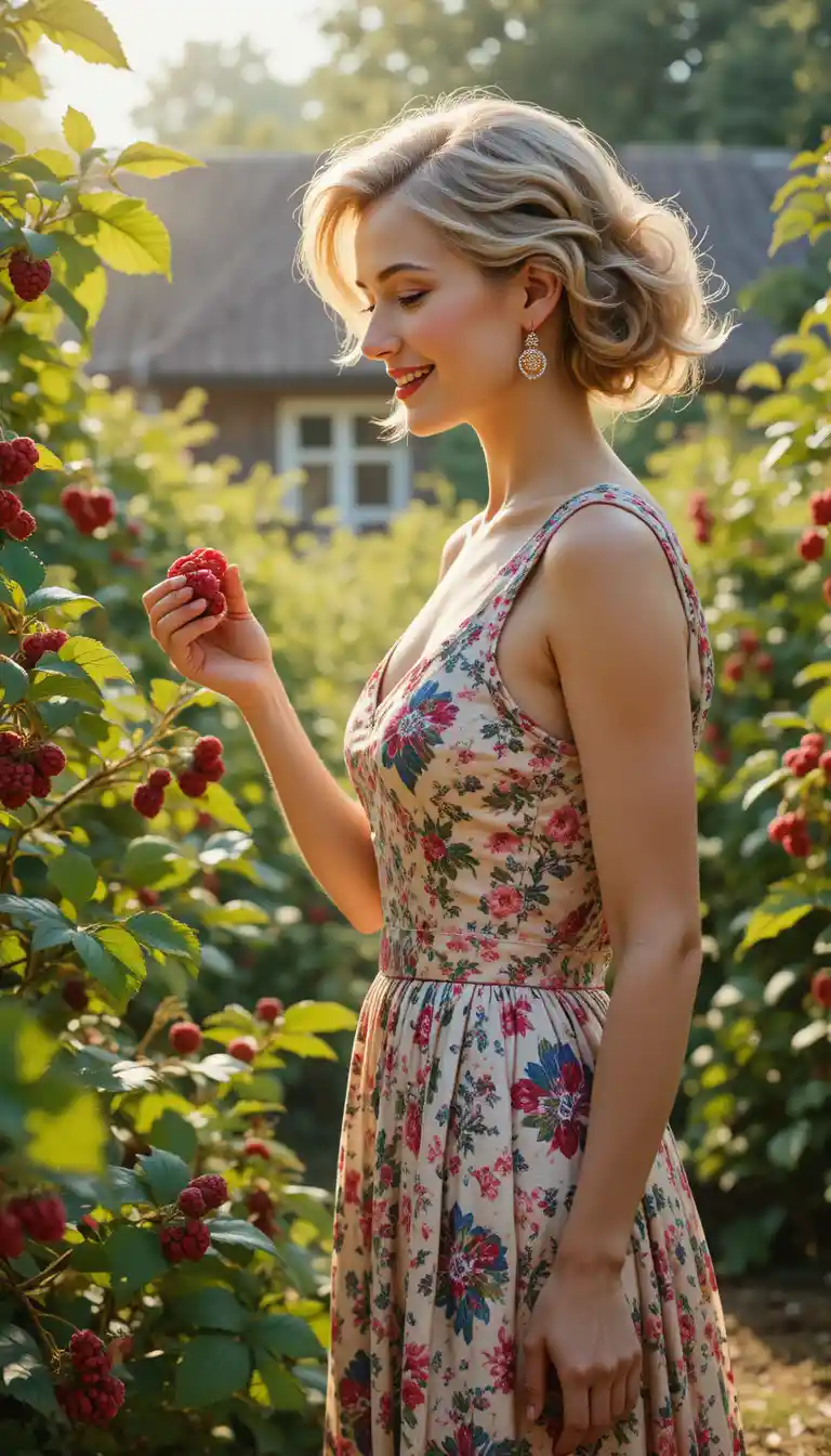 Elegant woman picking raspberries in a sunny country garden