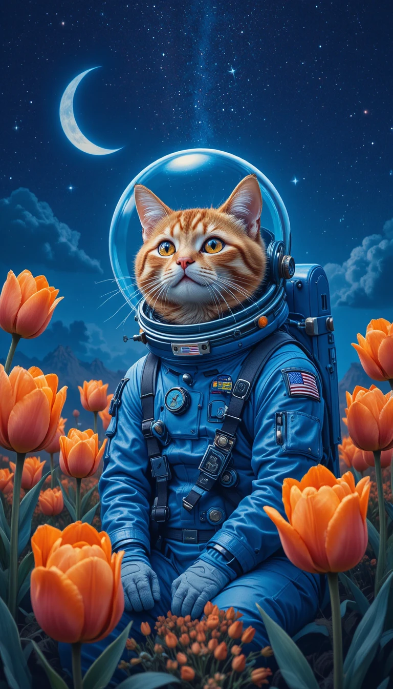 Astronaut cat relaxing among tulips under a starry sky