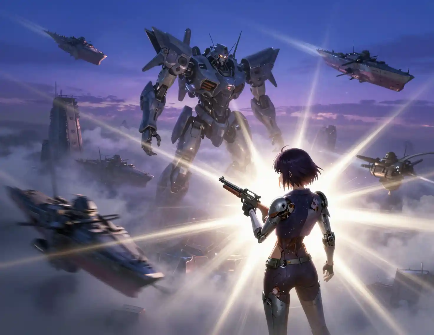 High angle view of a cyborg woman in a mechanized city