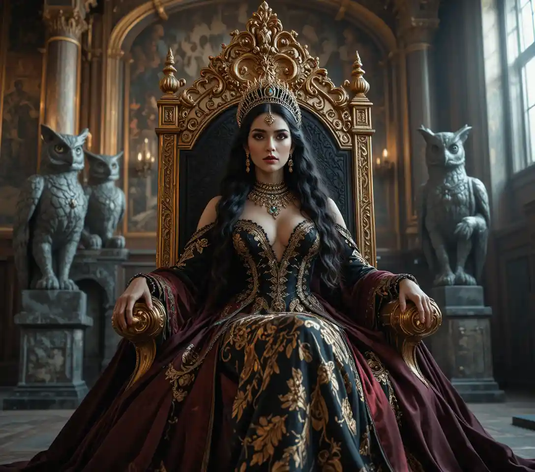 Regal queen on golden throne in ornate palace hall