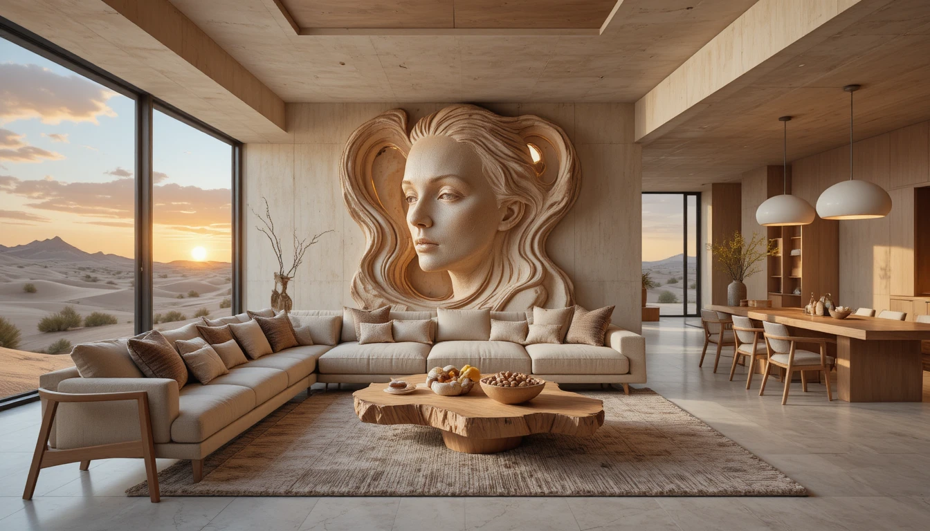Luxurious living room with sculpted wall and desert sunset