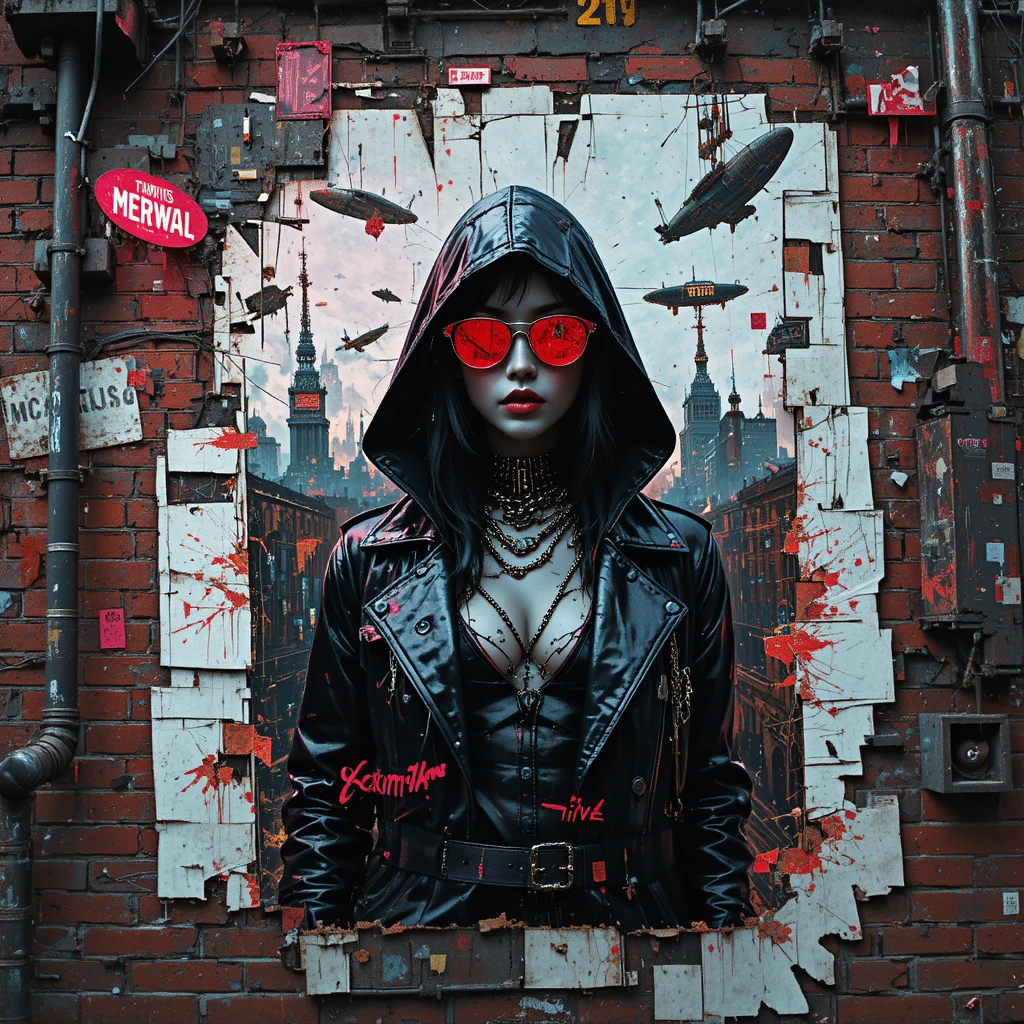 Poster glitch art di una regina fuorilegge cyberpunk su muro di mattoni