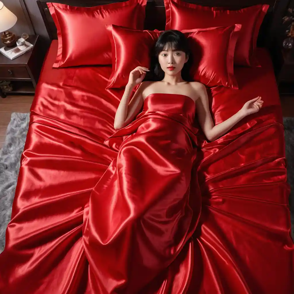 Korean woman lying on red satin sheets looking at viewer