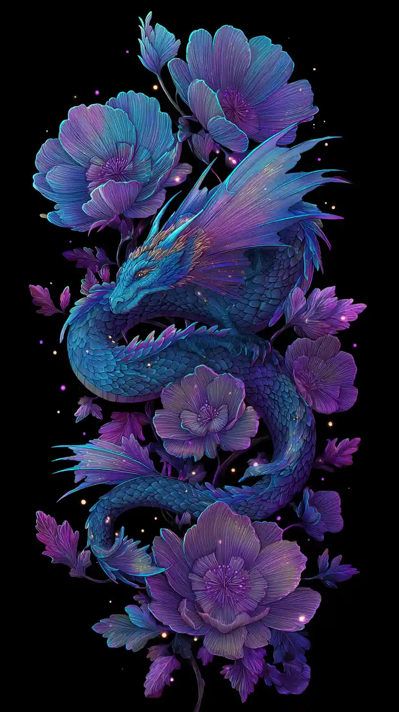 Serpentine dragon coiled around a column of glowing flowers