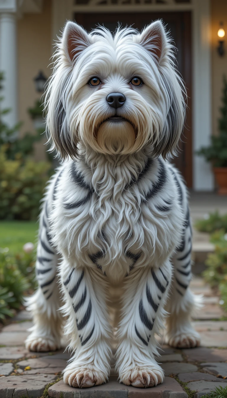 Long Haired Maltese Dog With Zebra Stripes Before A House