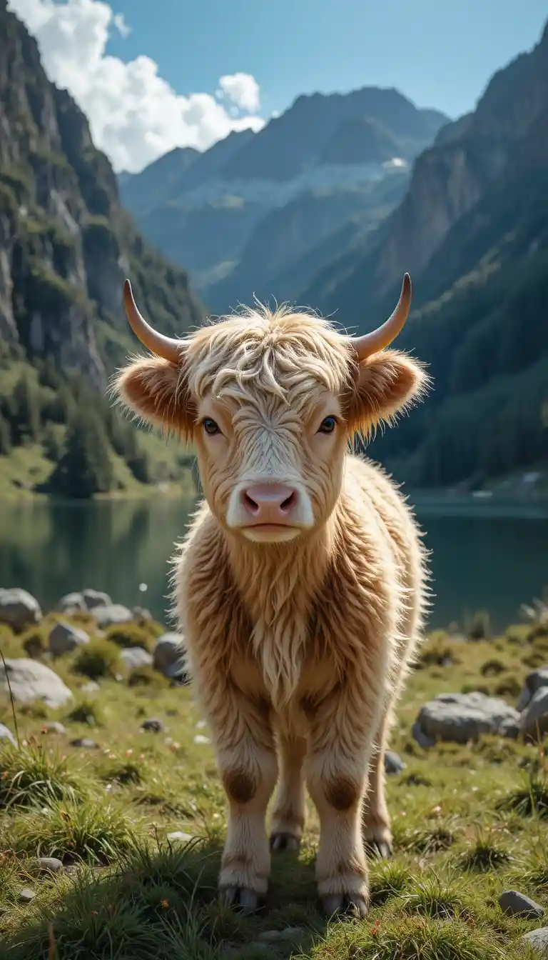Young highland cow calf in a peaceful mountain meadow