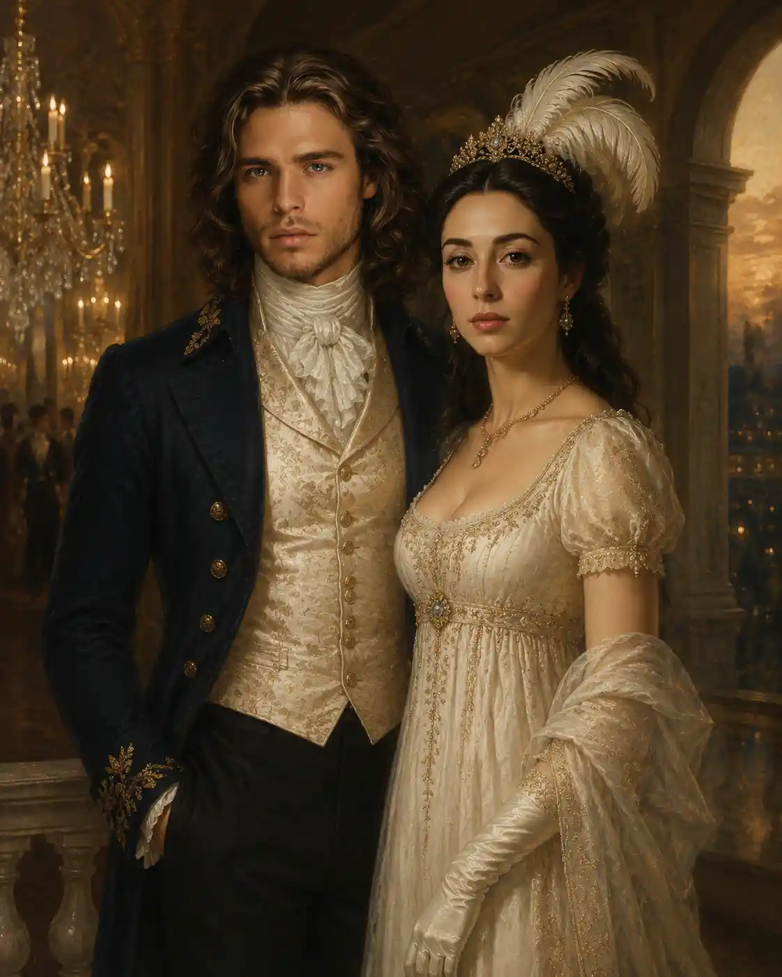 Elegant couple on a terrace in an empire style ballroom