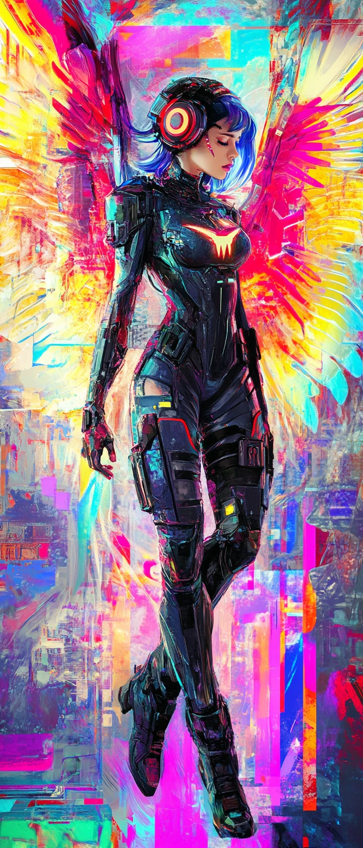 Futuristic armored woman in vibrant full body portrait