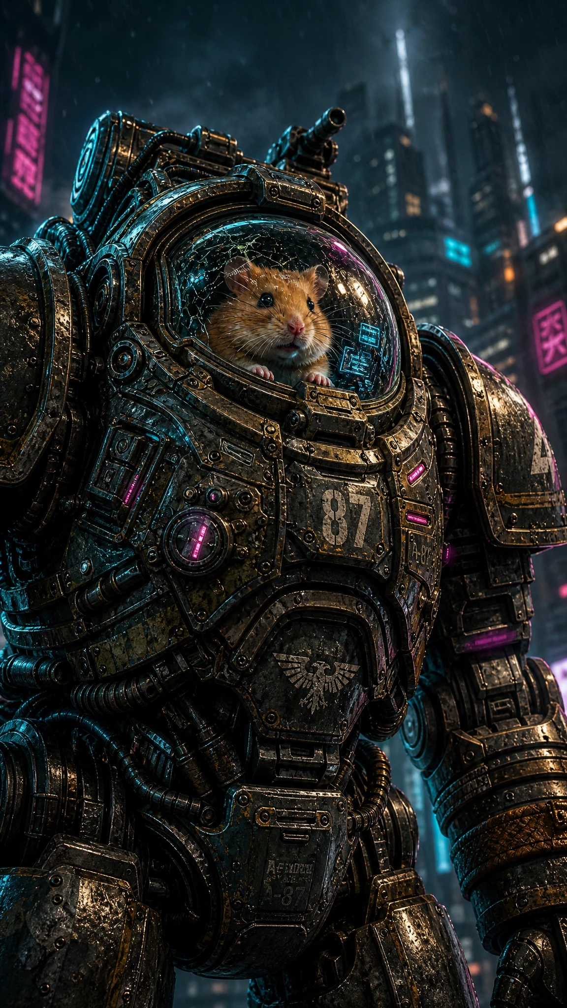 Tiny golden hamster inside towering cyberpunk power armor