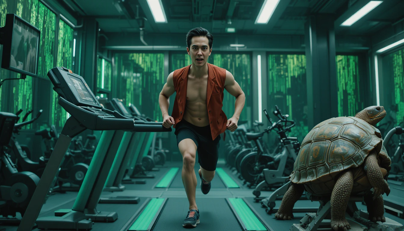 Neo training on treadmill in futuristic green tinted gym