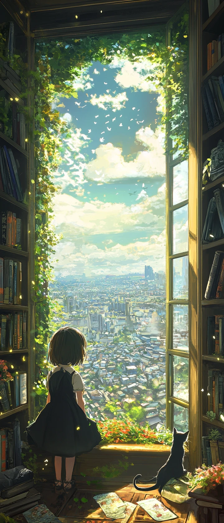 Anime girl with black cat in warm city view room