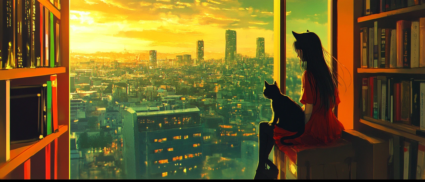 Anime girl with black cat in warm city room