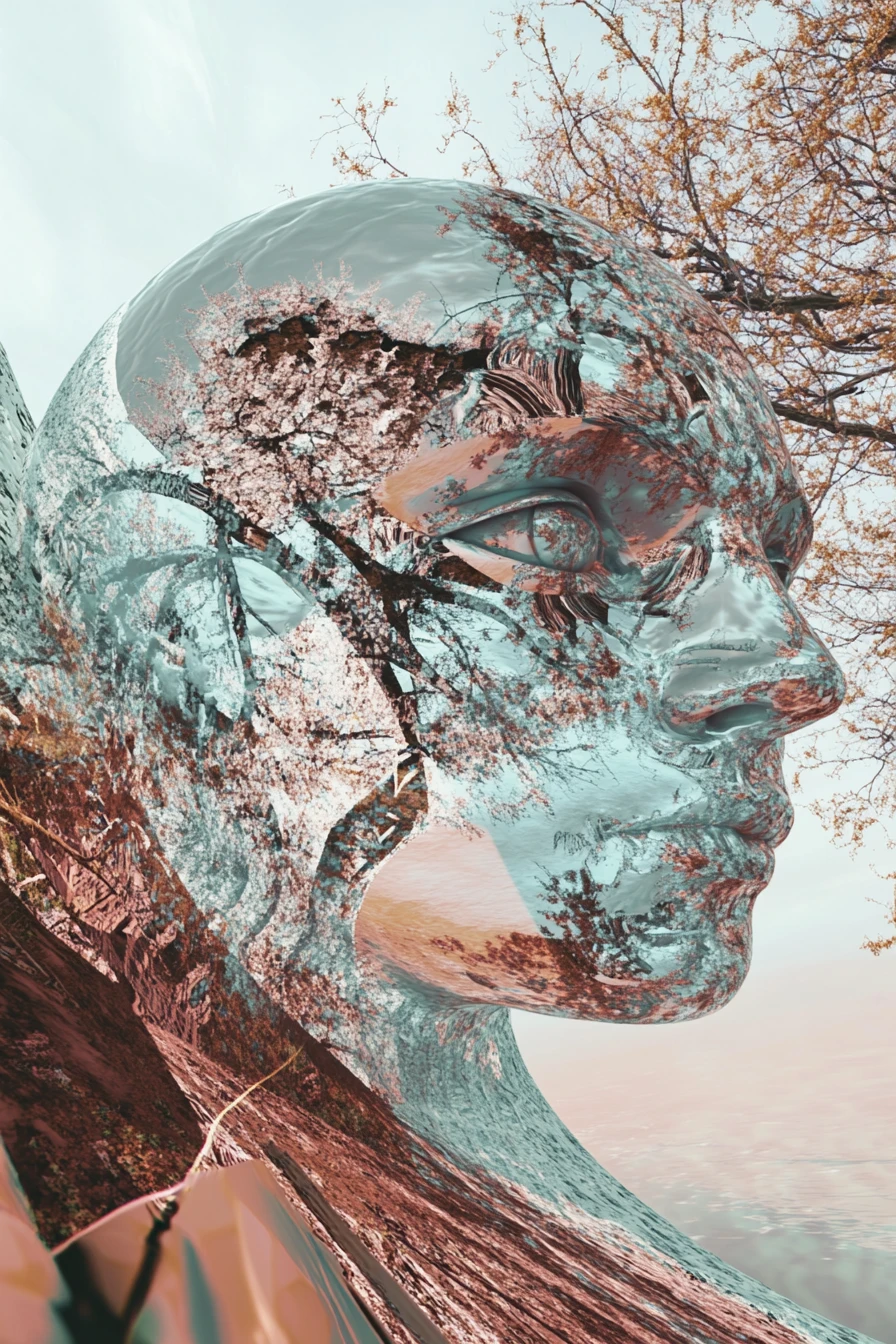 Surreal geometric abstraction in bright pastel and metallic tones