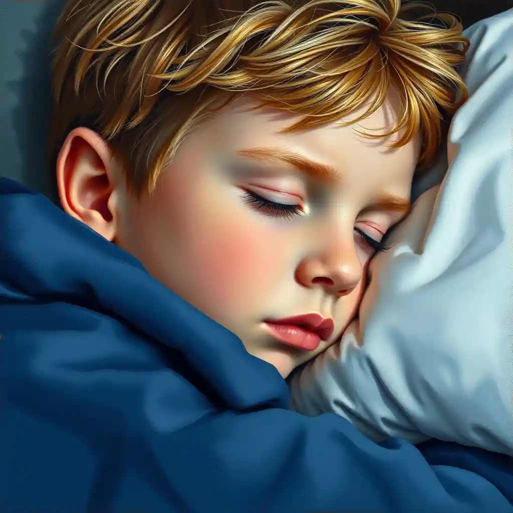 Peaceful young boy sleeping under a navy blanket