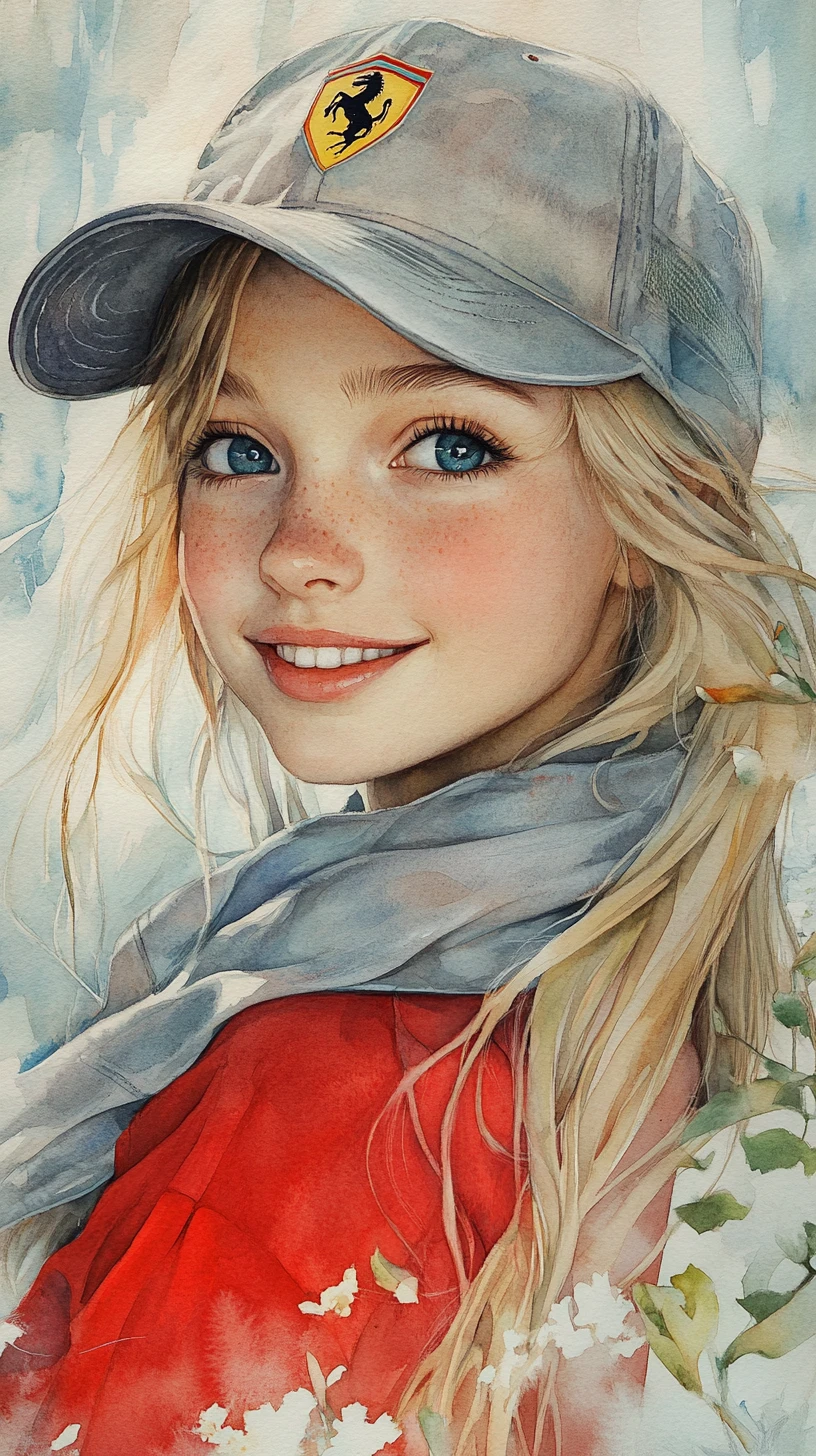 Watercolor portrait of a smiling blonde girl in red