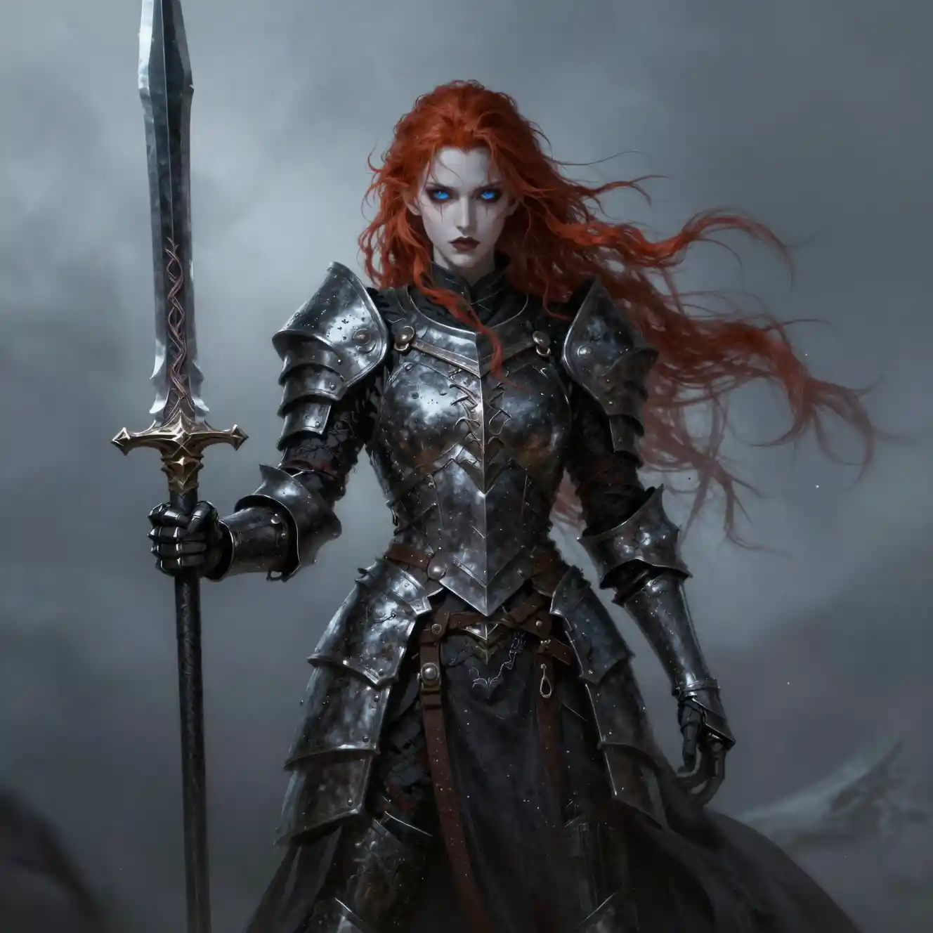 Vengeful red haired paladin in dark armor with claymore