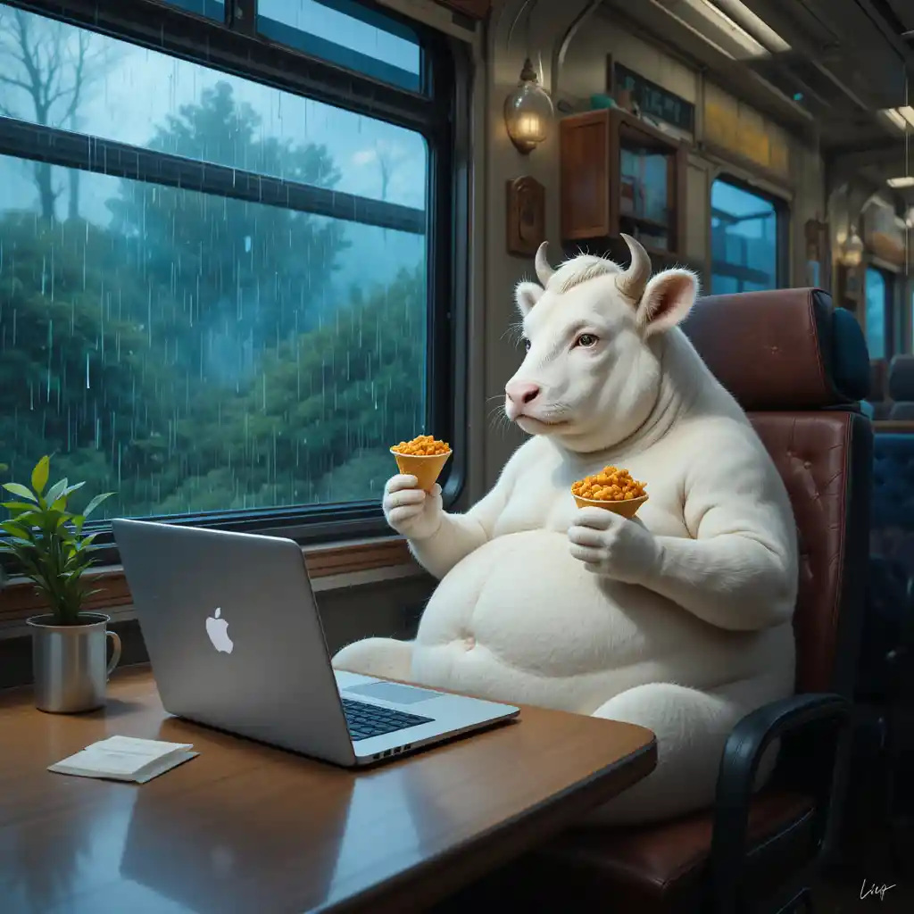 Chubby white cat like cow working at a modern office desk