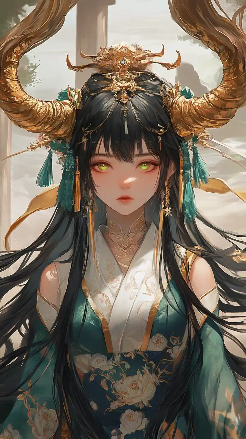 Sad horned girl in gold dress on a fantasy beach