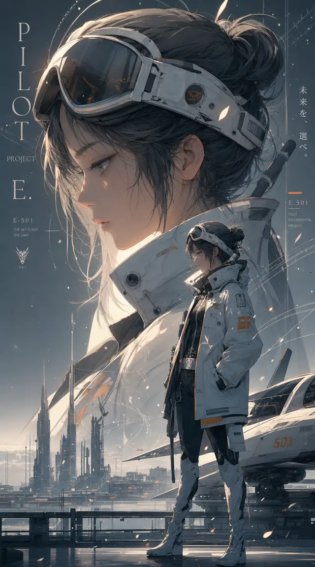 Anime sci fi woman pilot portrait with city backdrop