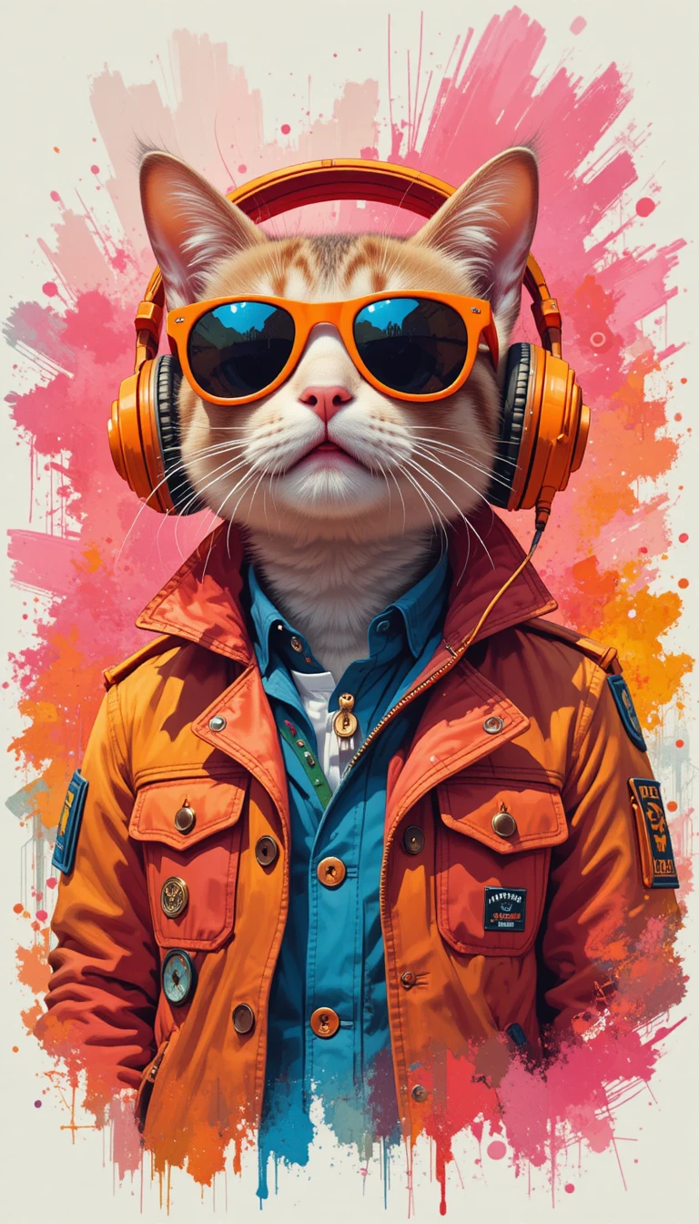 Gato genial con auriculares naranjas en un fondo abstracto y colorido