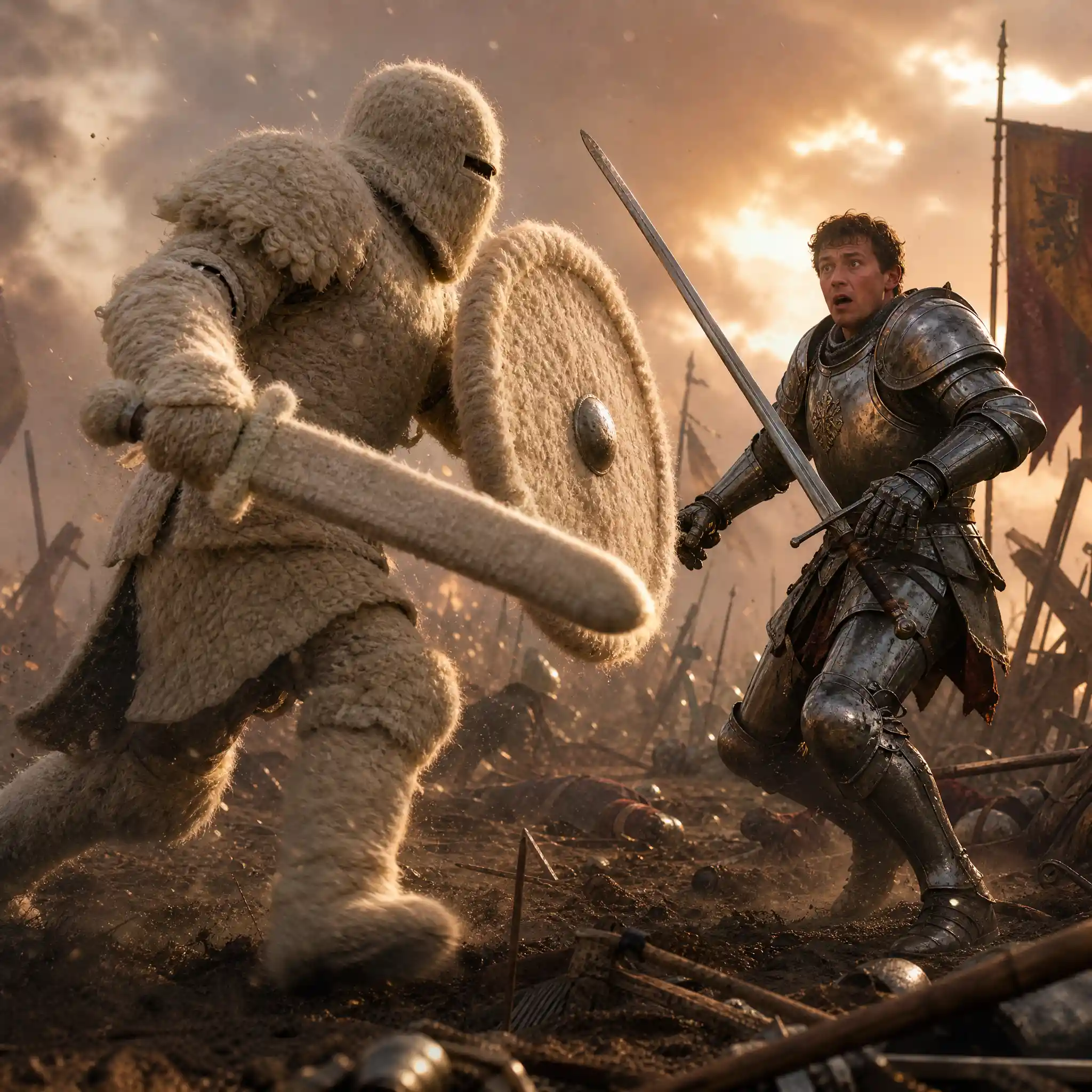 Fleece Armored Knight Charges Across Medieval Battlefield