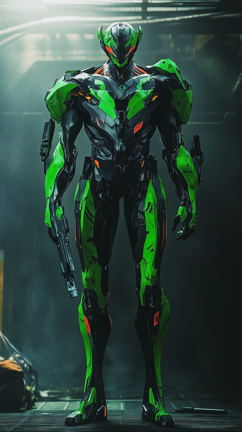Powerful green mecha in dynamic sci fi combat scene