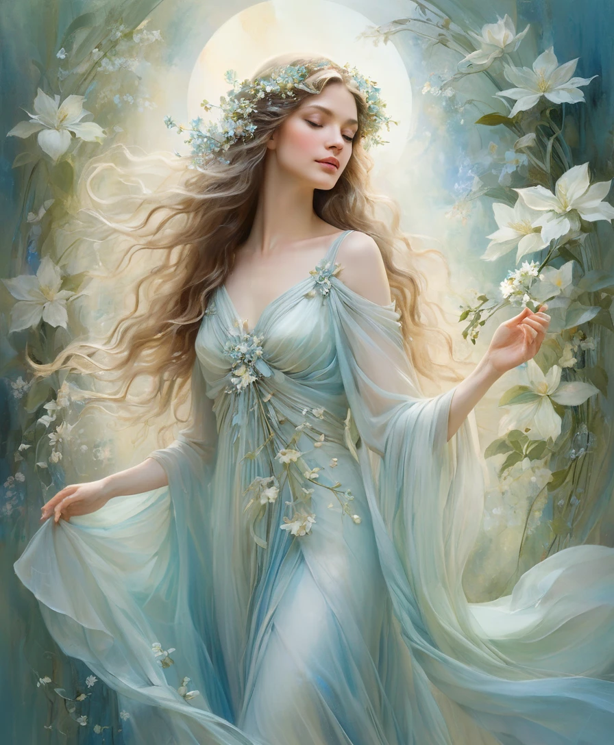 Serene woman in an ethereal floral gown with soft light
