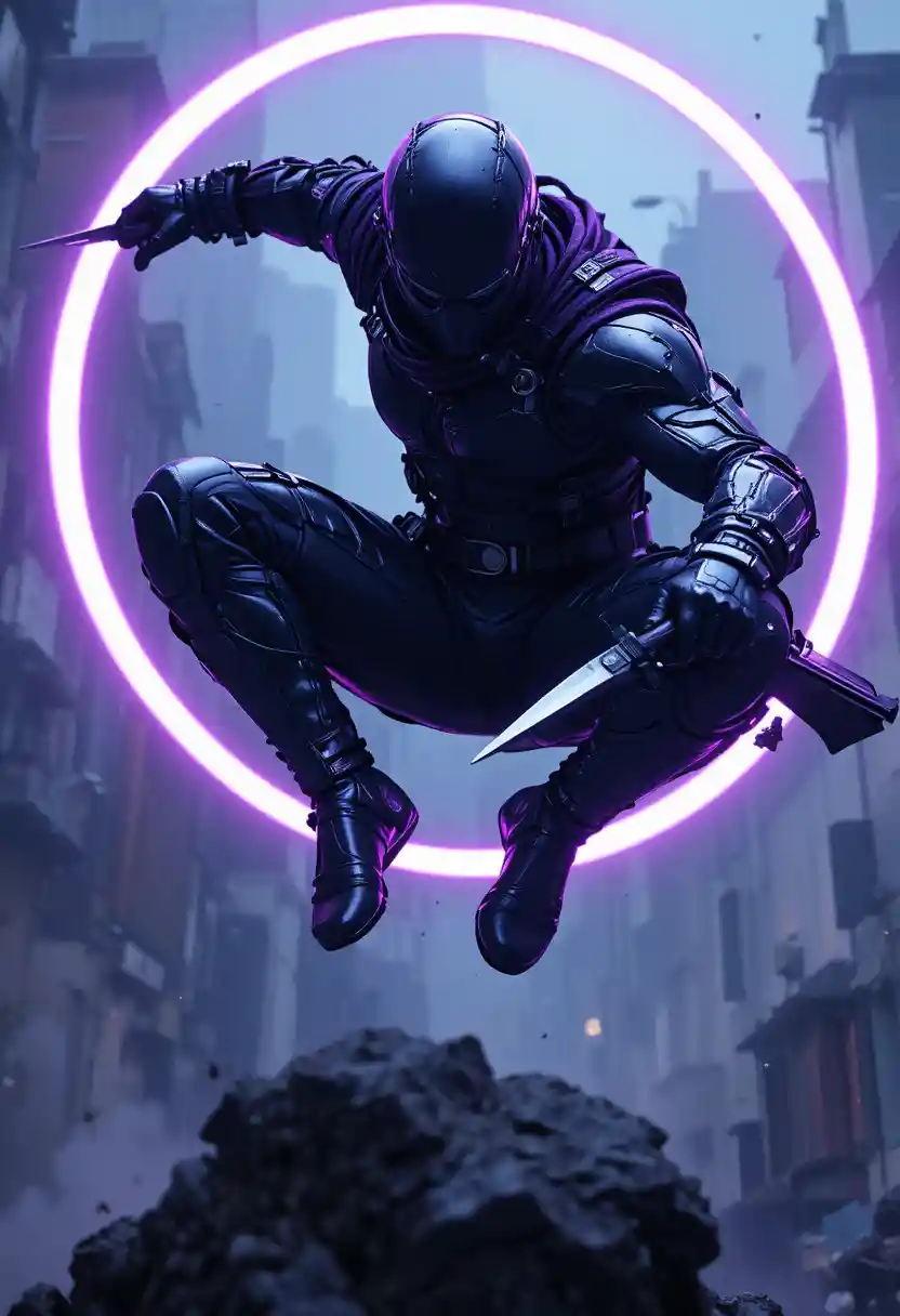 Masked purple hero ambushing from above with psionic knives