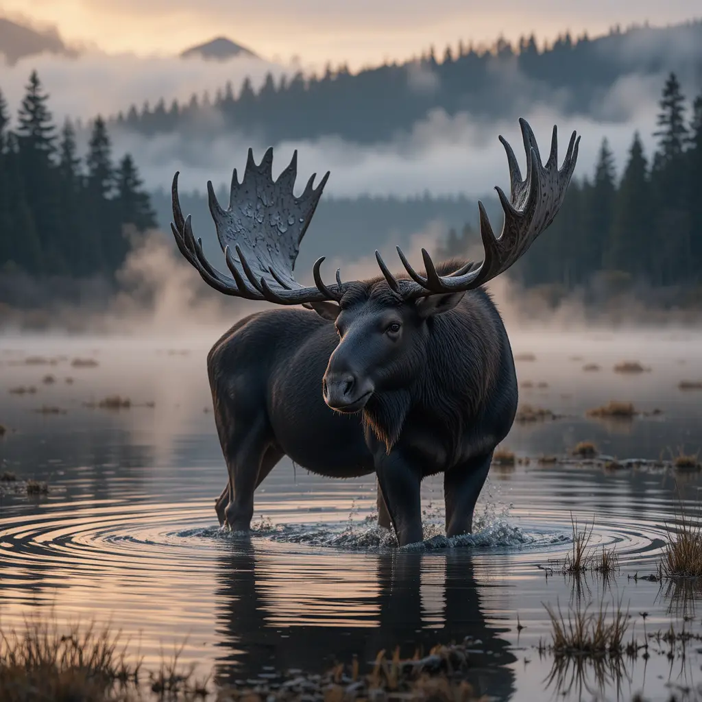 Massive moose in a misty Canadian marsh at sunrise