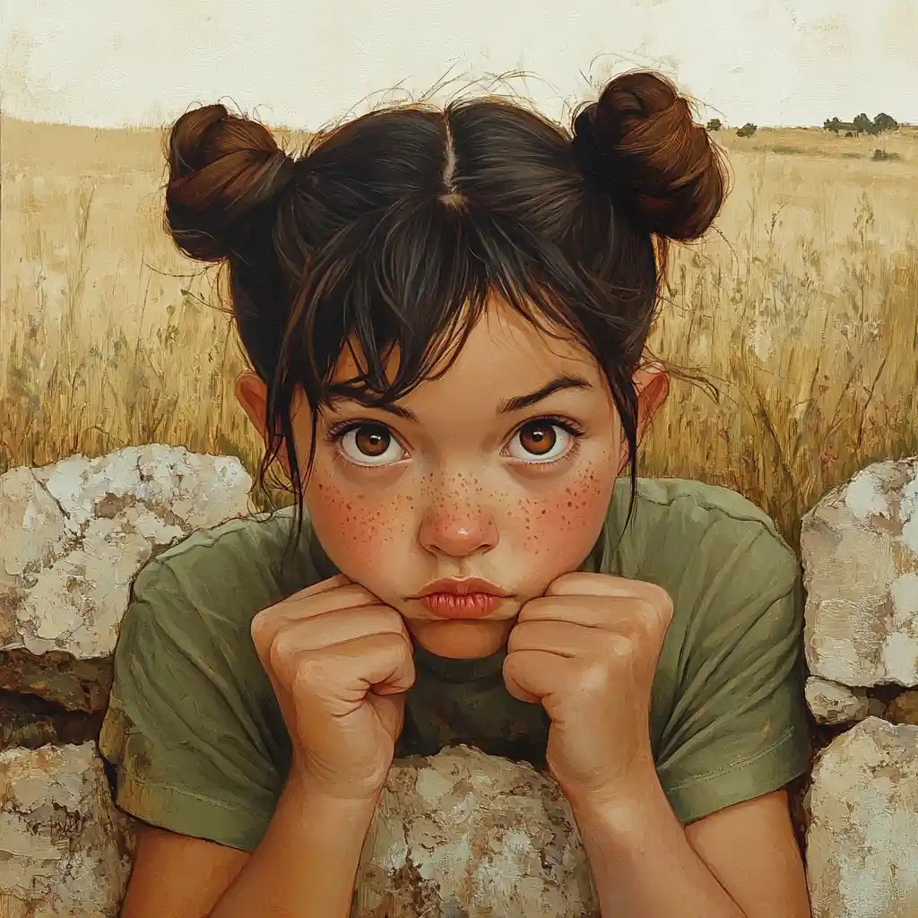 Curious young girl leaning on a rustic stone wall