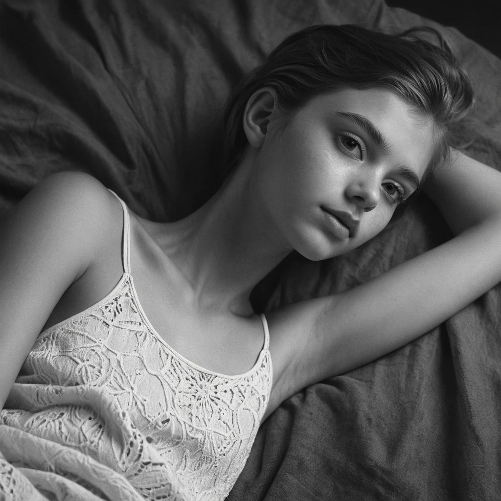 Graphite drawing of a young girl lying on her back