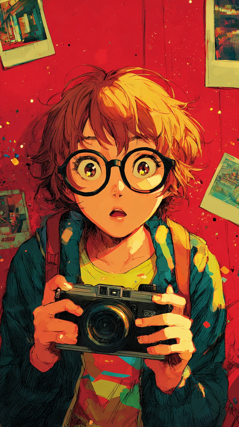Curious anime boy examining a vintage camera close up