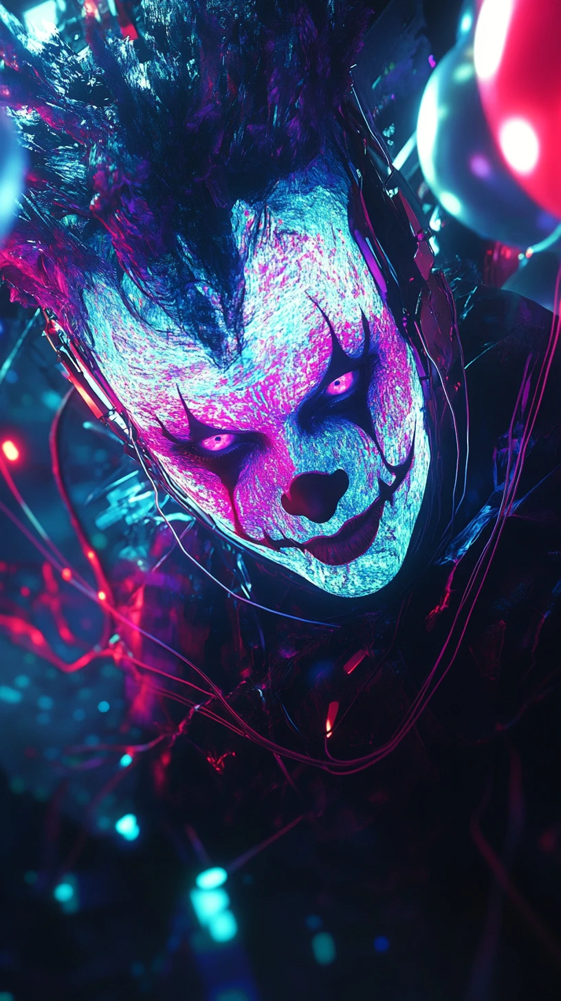Cyberpunk clown glowing with neon colors in shadow