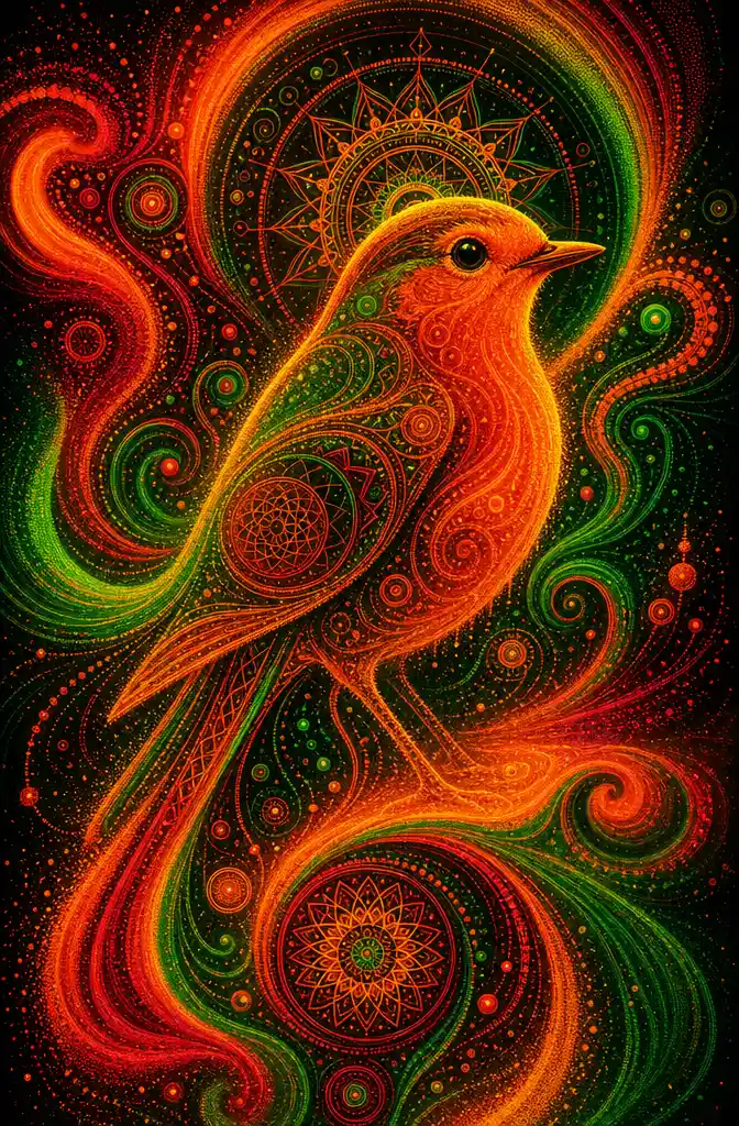 Silhouette di uccello al neon in mandala di sabbia liquida fluida