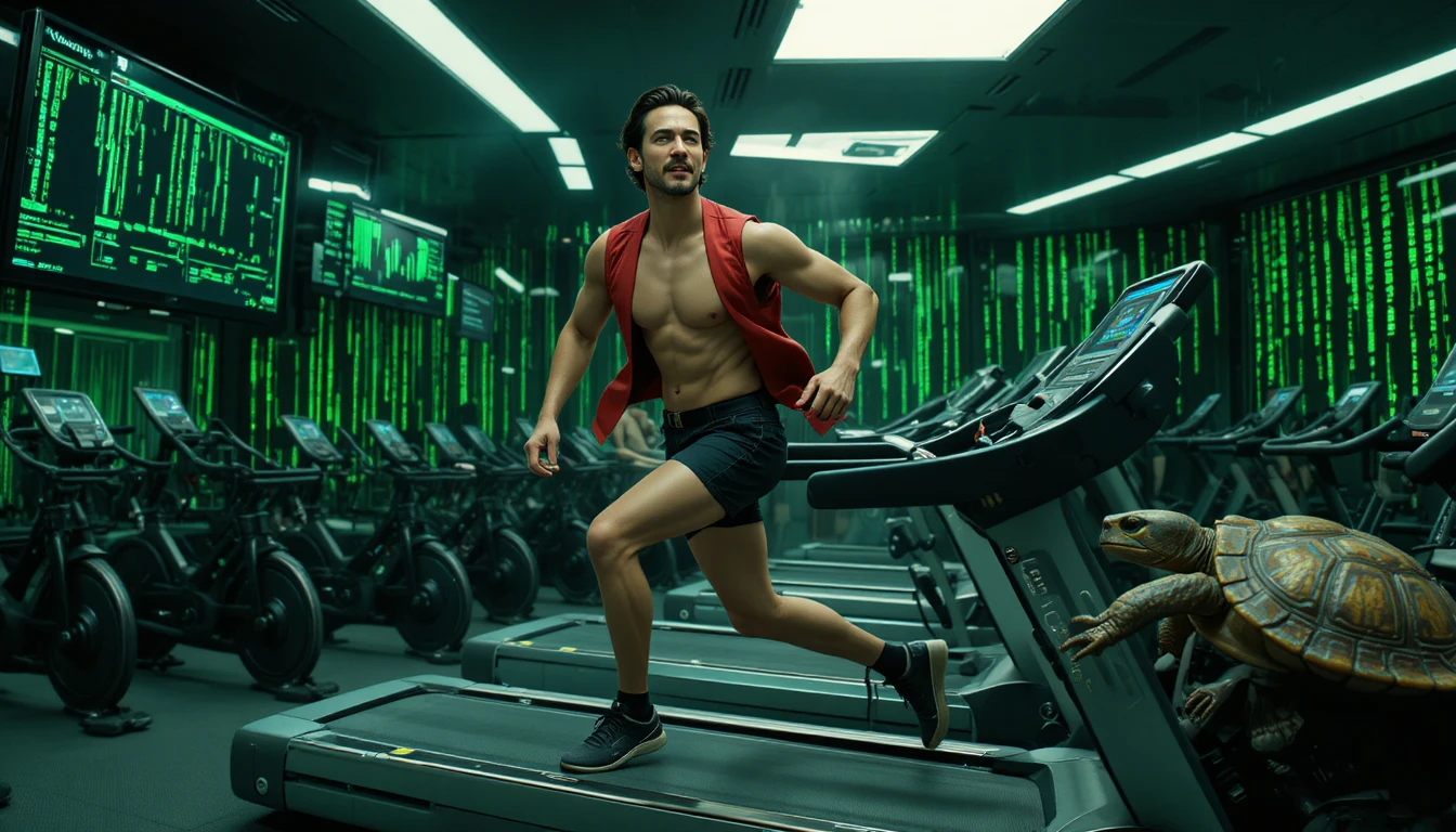 Neo training on a futuristic treadmill in green lit gym