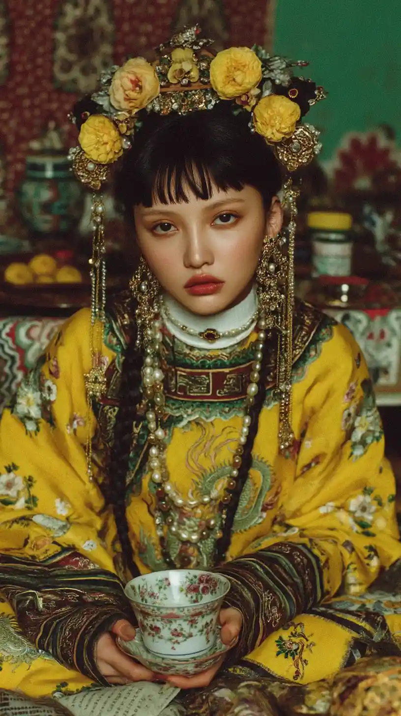 Imperatriz inspirada na dinastia Qing em uma festa em casa dos anos 90