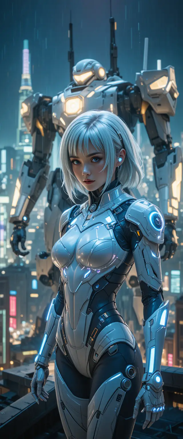 Pilota cyber futuristico su un tetto in una città sci‑fi al neon