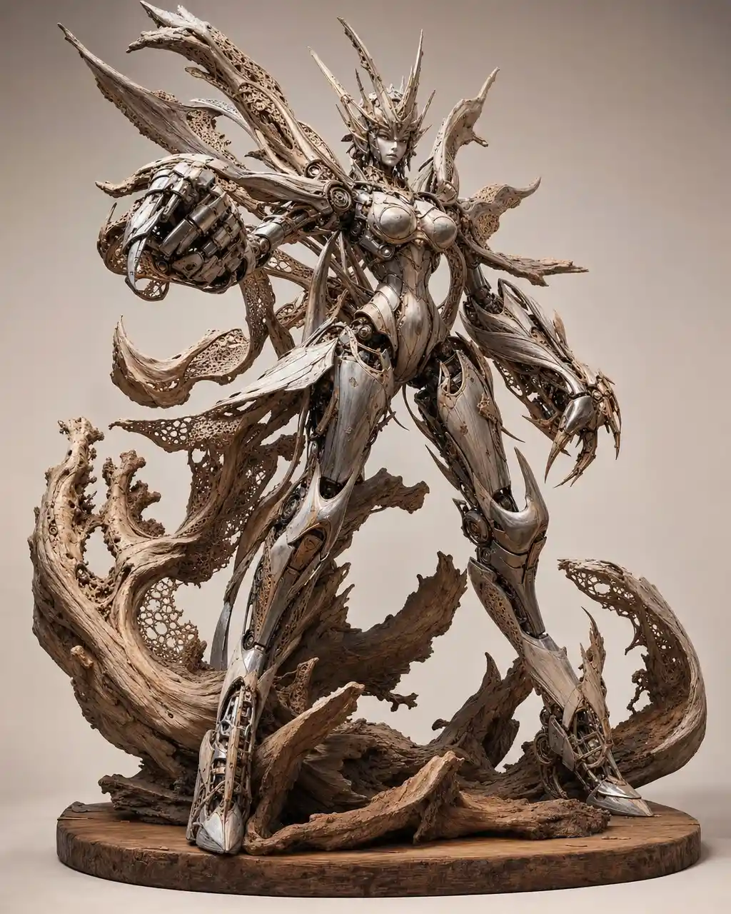 Giant female robot in a dramatic battle ready stance