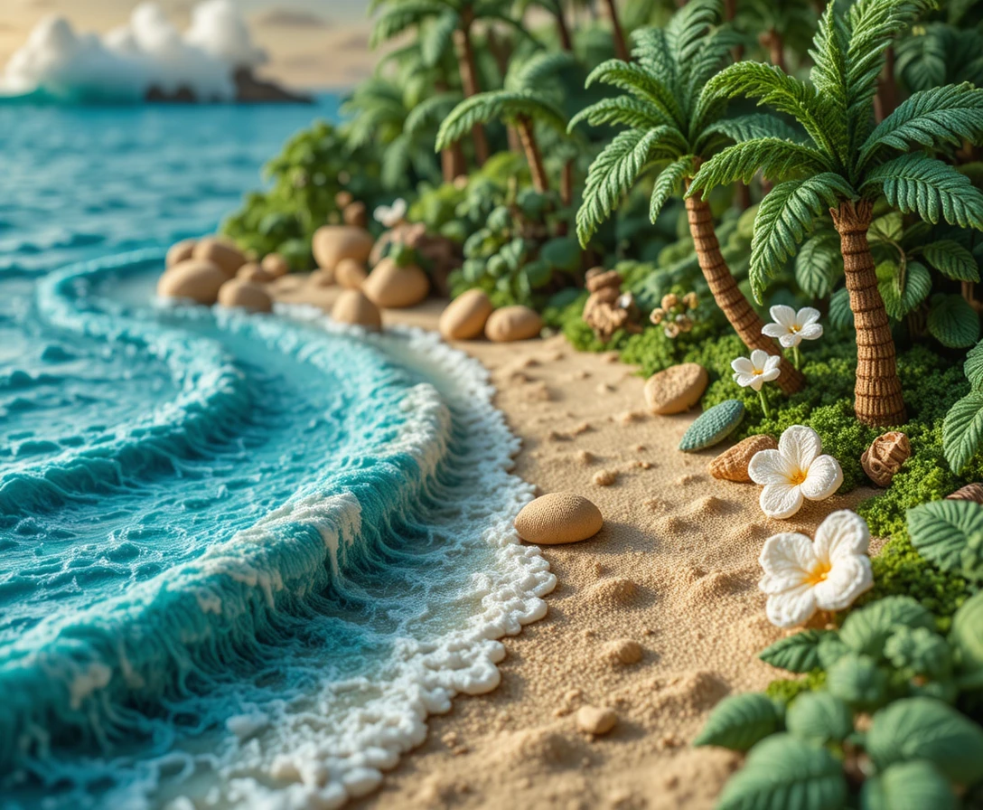 Gehäkelter tropischer Strand mit Palmen und Blumen