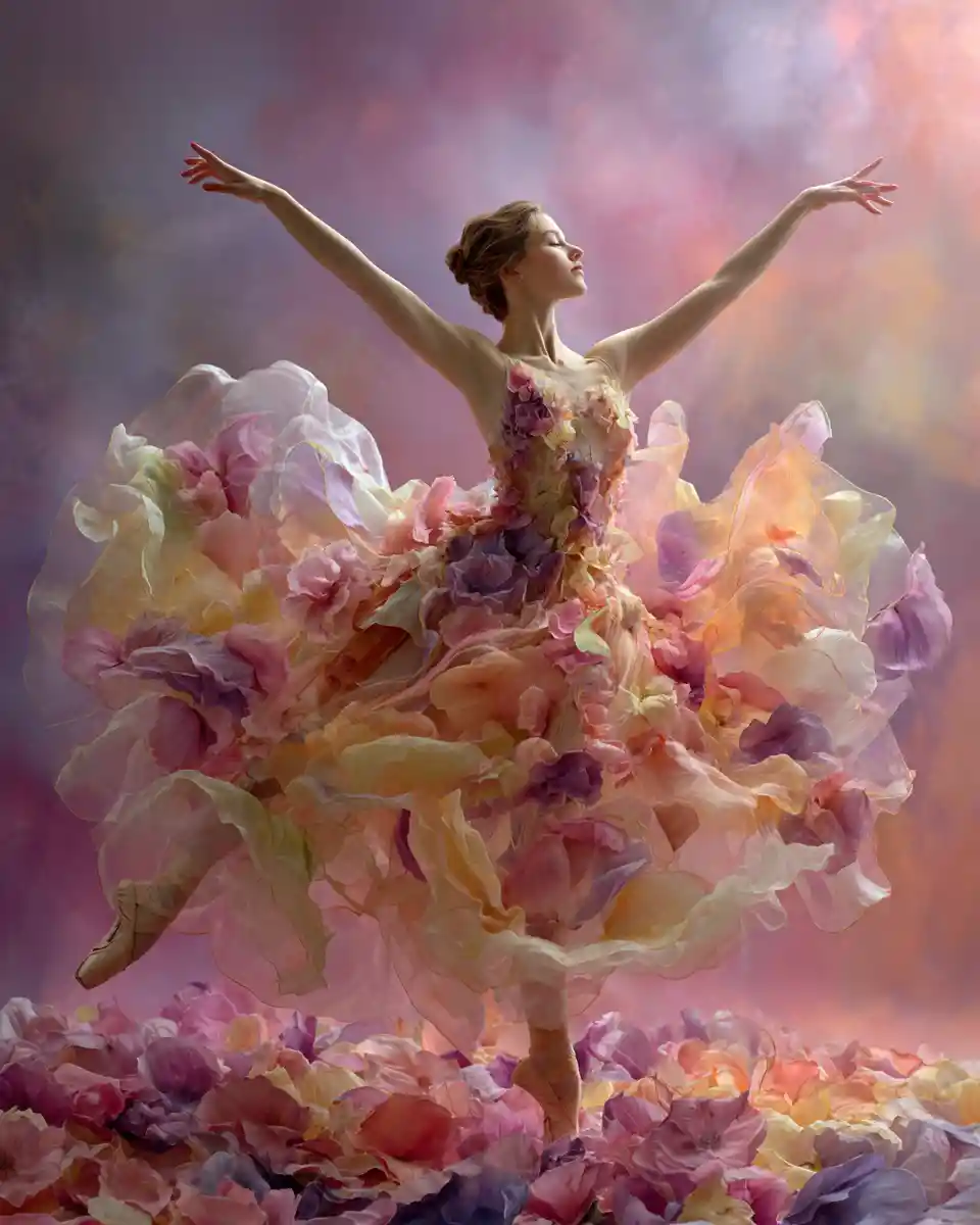 Ballerina in un tutù floreale da sogno che vortica di colori