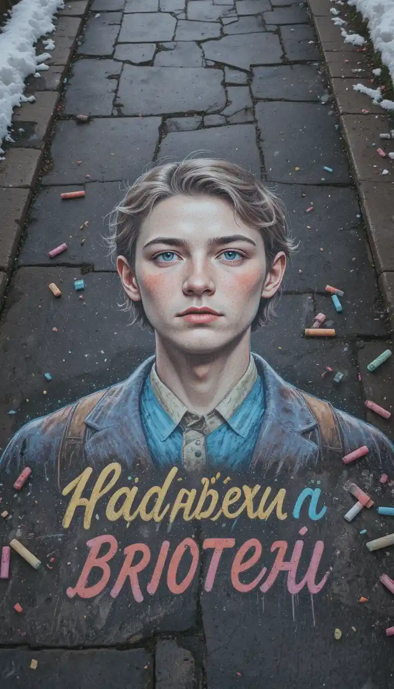 Chalk portrait of a girl on wet urban asphalt