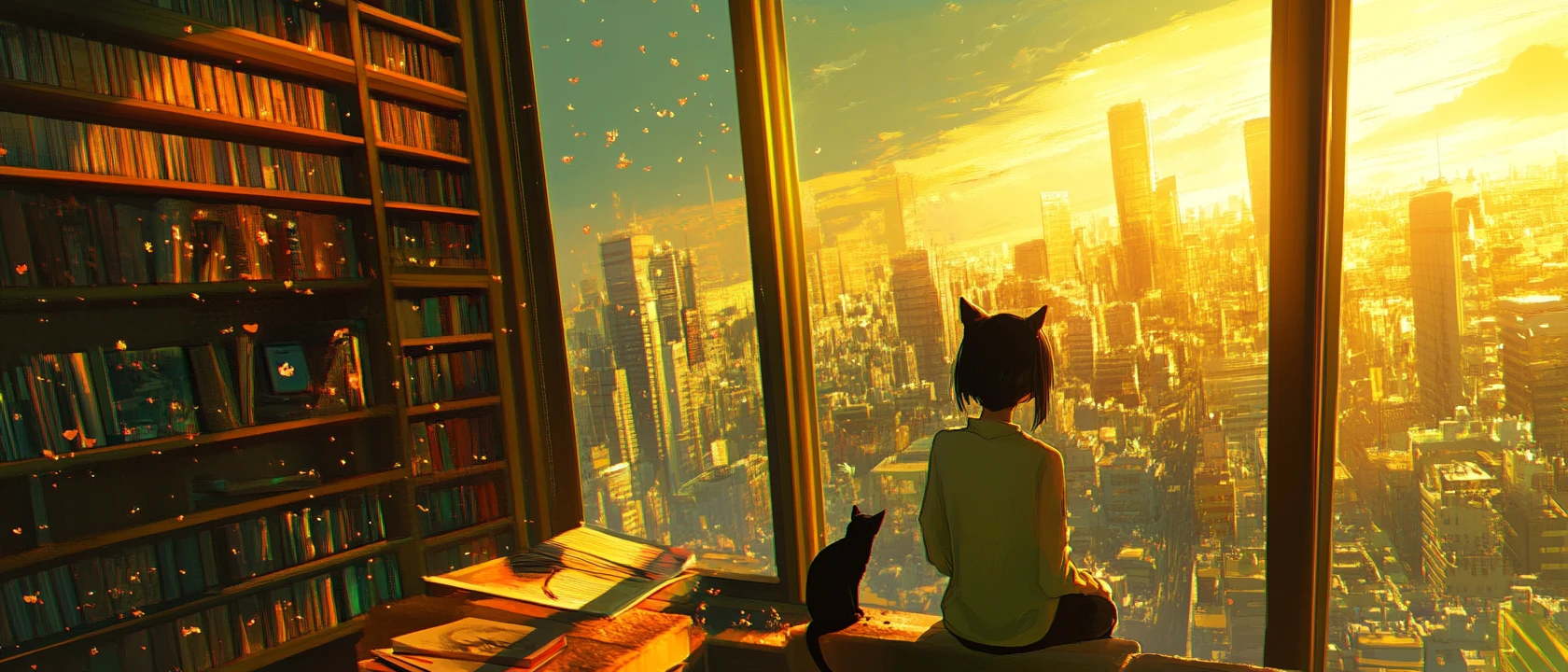 Anime girl holding a black cat by a large city window