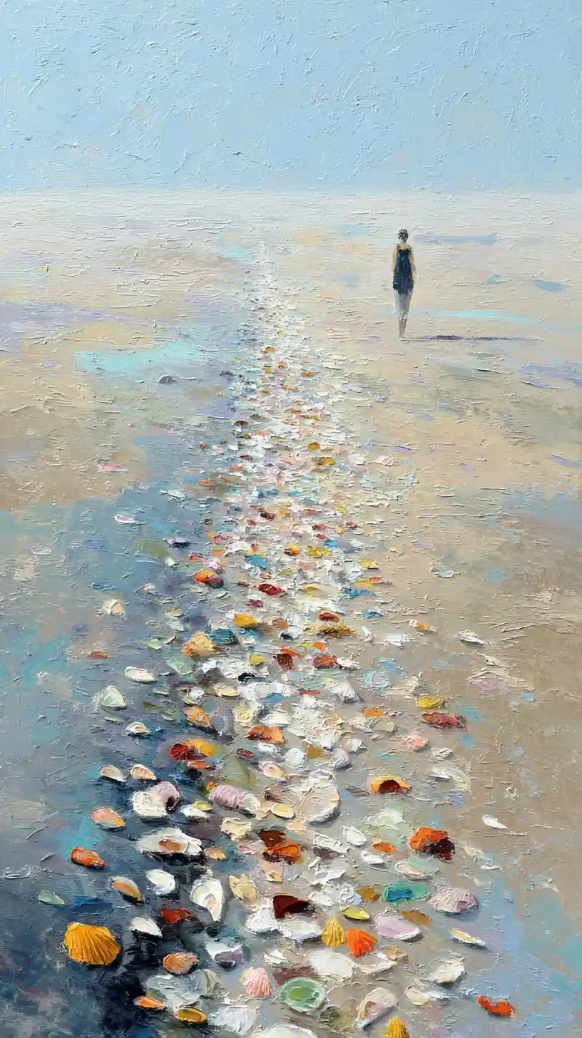 Ethereal abstract beach scene with a joyful distant woman