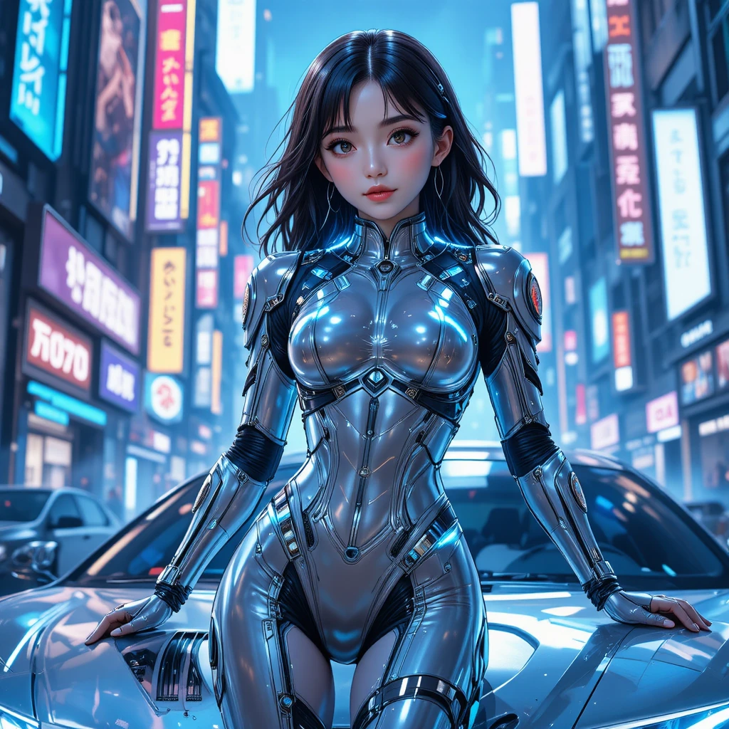 Heroína de anime confiante encostada em um carro cyber futurista