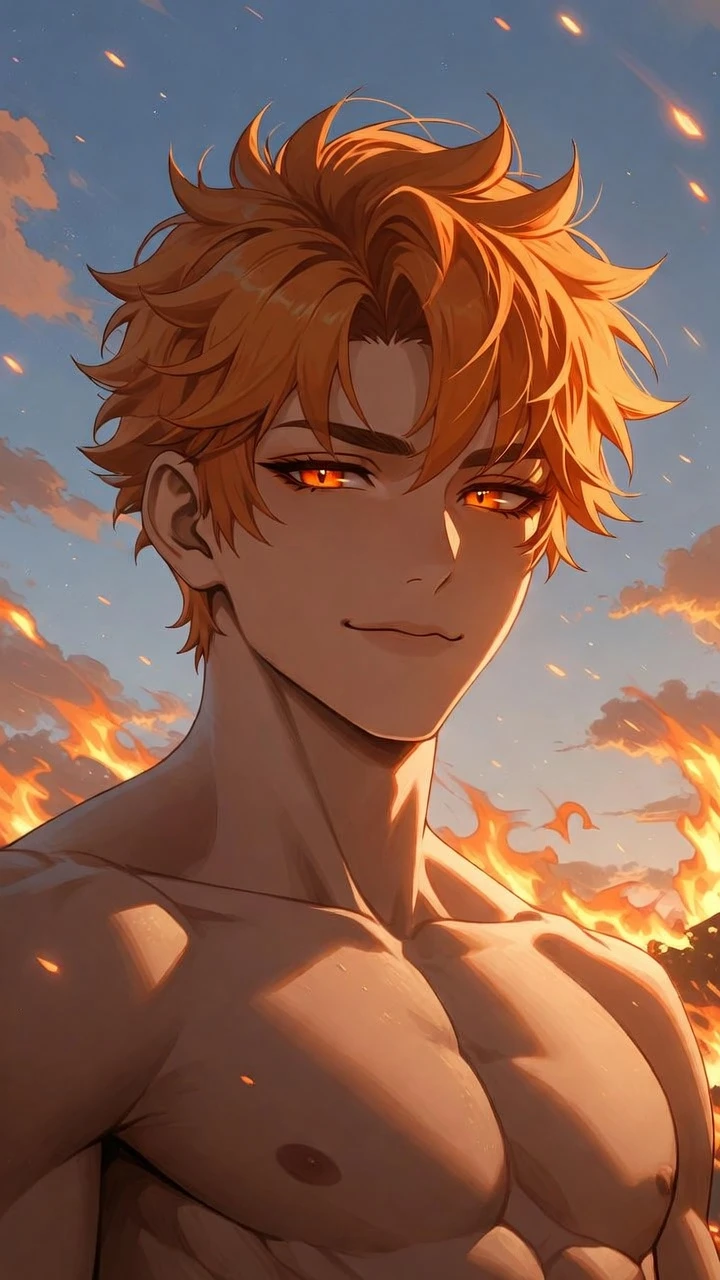 Confident anime man standing outdoors at sunset flames