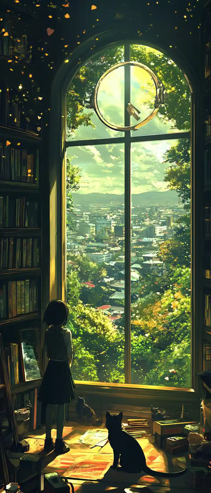 Anime girl with black cat in warm city view room