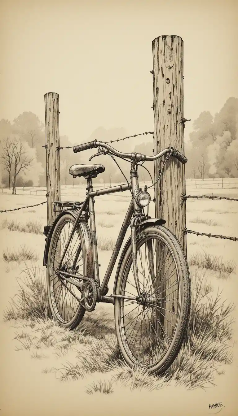 Vintage bicycle sketch by a post in rural countryside